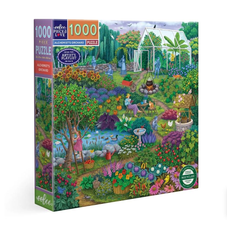 Eeboo Alchemist's Orchard jigsaw puzzle featuring a vibrant garden scene with various plants, flowers, and trees. The artwork includes gardening activities, a pond, and characters interacting with nature, all illustrated in rich colors. This 1000-piece puzzle evokes a sense of magic and creativity, perfect for puzzle enthusiasts.