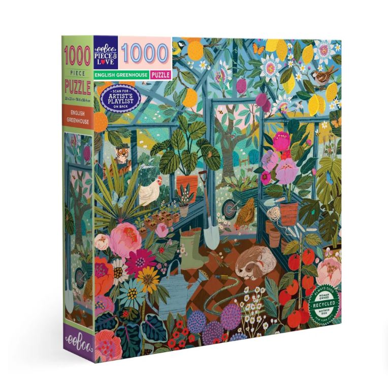 Eeboo English Greenhouse jigsaw puzzle featuring a vibrant illustration of a greenhouse filled with colorful flowers, plants, and small animals like a rabbit and chickens. The box contains 1000 pieces and showcases an artistic design that invites nature lovers to enjoy and relax while assembling the puzzle.