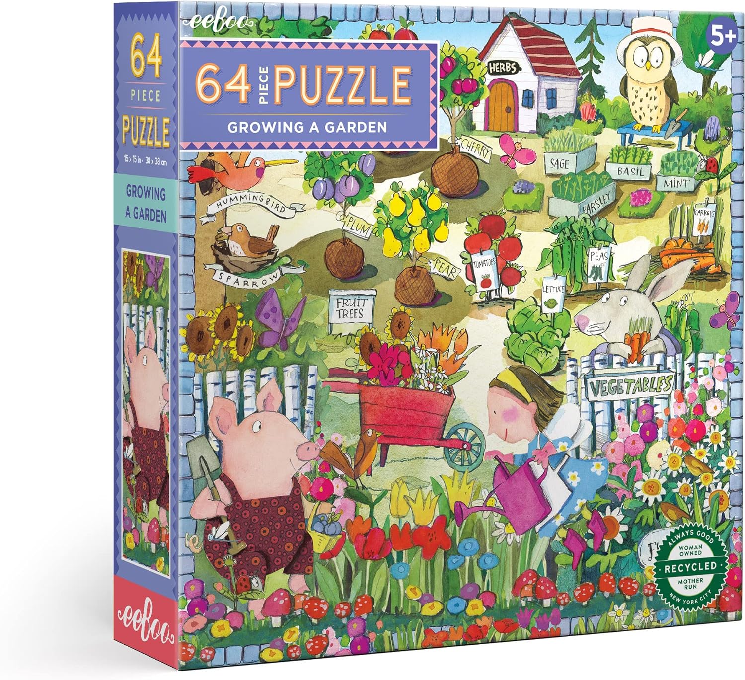 A colorful jigsaw puzzle titled "Growing a Garden" by Eeboo featuring whimsical illustrations of a garden scene. The puzzle box displays a cartoon pig, a fairy, and various vegetables and flowers, along with labels such as "Herbs," "Fruit Trees," and "Vegetables." It consists of 64 pieces and is suitable for ages 5 and up.