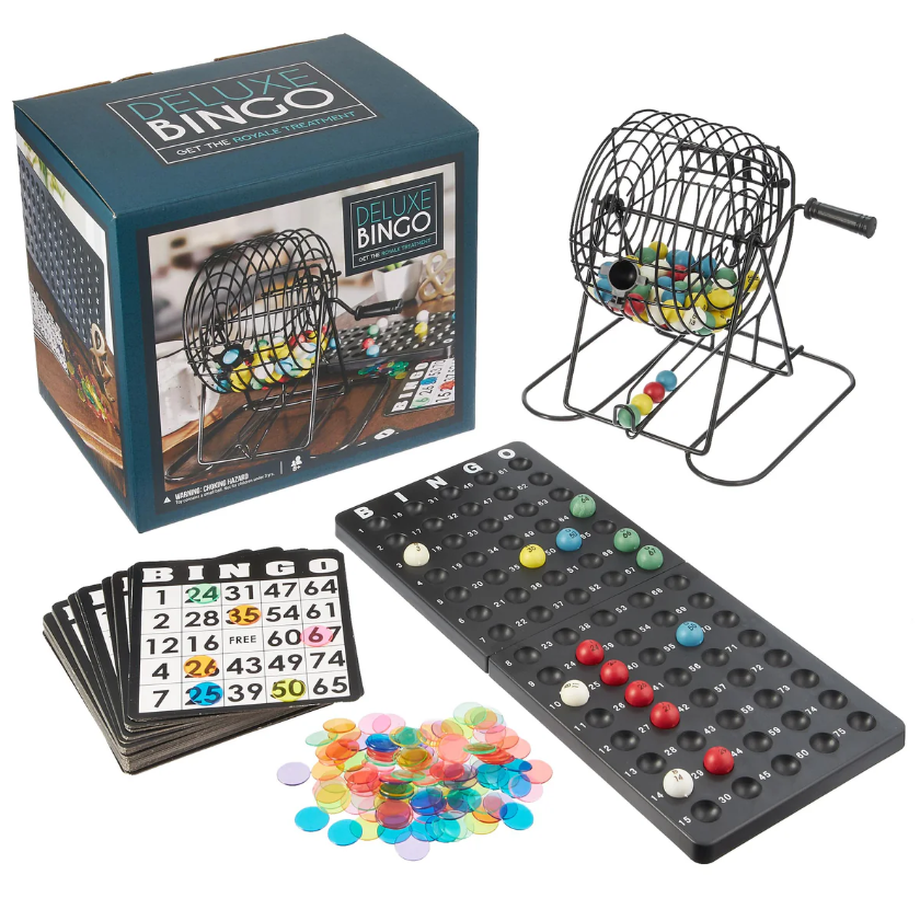 Deluxe Bingo game by Brybelly features a classic bingo cage with colorful balls, bingo cards, a scoreboard for tracking results, and translucent chips for marking. The stylish packaging showcases the game's components and adds to its appeal for game nights with family and friends.