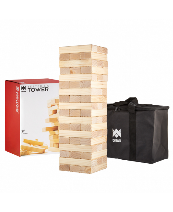 The Jumbo Teetering Tower by Brybelly is an exciting stacking game featuring a tall tower made of wooden blocks. The game set comes with a durable carrying bag for convenient storage and transportation. The colorful box showcases the game, which is suitable for ages 4 and up, making it a fun choice for family and group gatherings.
