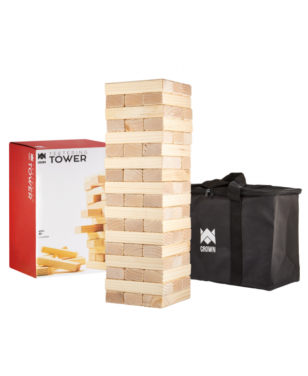 The Jumbo Teetering Tower by Brybelly is an exciting stacking game featuring a tall tower made of wooden blocks. The game set comes with a durable carrying bag for convenient storage and transportation. The colorful box showcases the game, which is suitable for ages 4 and up, making it a fun choice for family and group gatherings.