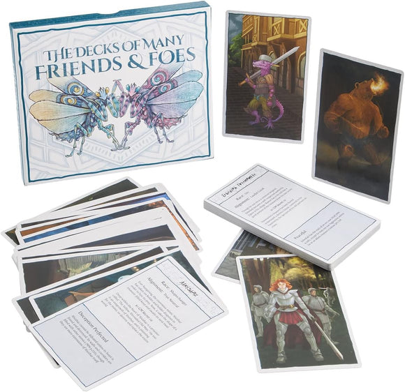 The Decks of Many Friends & Foes C game by Brybelly includes a beautifully illustrated box featuring colorful butterfly artwork. The game features numerous cards depicting various characters and scenarios for interactive gameplay.