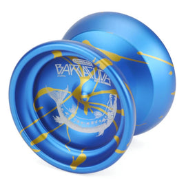 Duncan Barracuda YO-YO in vibrant blue with a splash design. The yo-yo features a sleek metallic finish, showcasing a fish illustration along with the brand name 'Barracuda' prominently displayed. Ideal for both beginners and advanced players, this yo-yo offers smooth spins and responsive play.