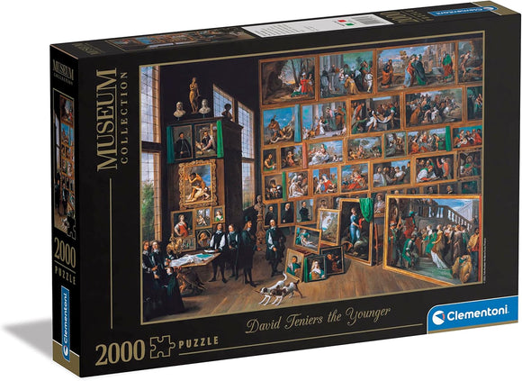 A jigsaw puzzle featuring the artwork of David Teniers the Younger. The image depicts a grand room filled with various paintings framed on the walls, showcasing a multitude of characters and scenes. The box design displays intricate details and is labeled as a 2000-piece puzzle from the Clementoni Museum Collection.