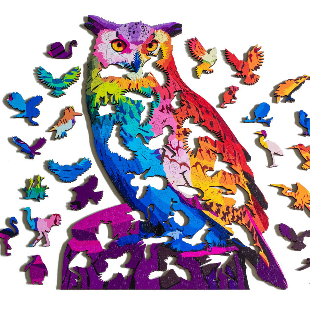 A vibrant jigsaw puzzle featuring a colorful owl surrounded by various bird-shaped pieces. The owl is intricately designed in shades of rainbow, showcasing details like its piercing eyes and distinct feathers. The scattered pieces include silhouettes of various birds, enhancing the whimsical theme of the puzzle.