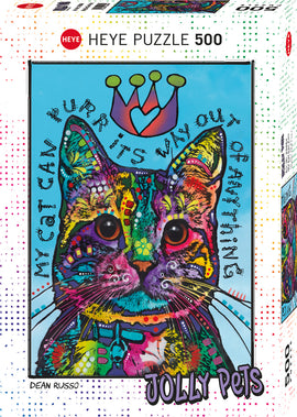 My Cat Can Purr jigsaw puzzle by Heye featuring a vibrant, colorful illustration of a cat's face adorned with artistic patterns and a playful crown above the text. The puzzle consists of 500 pieces, providing a challenging and entertaining experience for cat and puzzle enthusiasts alike.