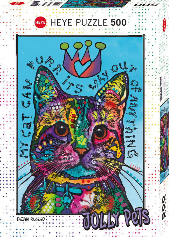 My Cat Can Purr jigsaw puzzle by Heye featuring a vibrant, colorful illustration of a cat's face adorned with artistic patterns and a playful crown above the text. The puzzle consists of 500 pieces, providing a challenging and entertaining experience for cat and puzzle enthusiasts alike.