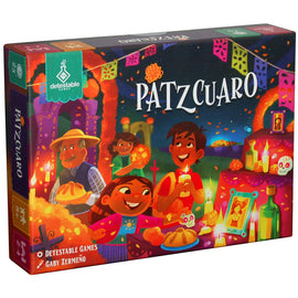 The Patzcuaro game by DRACO STUDIOS features vibrant artwork depicting a festive celebration with characters enjoying the atmosphere. The game box showcases colorful decorations and traditional icons that represent a cultural festival, perfect for family gatherings and game nights.