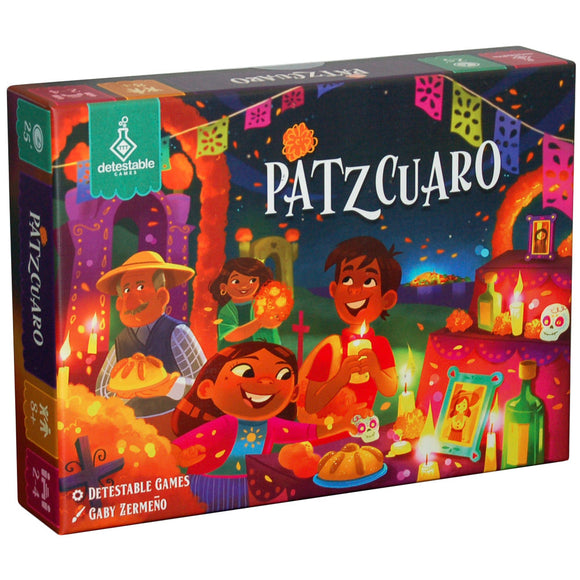 The Patzcuaro game by DRACO STUDIOS features vibrant artwork depicting a festive celebration with characters enjoying the atmosphere. The game box showcases colorful decorations and traditional icons that represent a cultural festival, perfect for family gatherings and game nights.