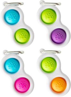 Simpl dimpl transparent keychain features four colorful buttons in blue, green, purple, and orange. The buttons are designed for tactile play, providing sensory stimulation and relaxation. The keychain is compact and can easily attach to bags or keyrings.