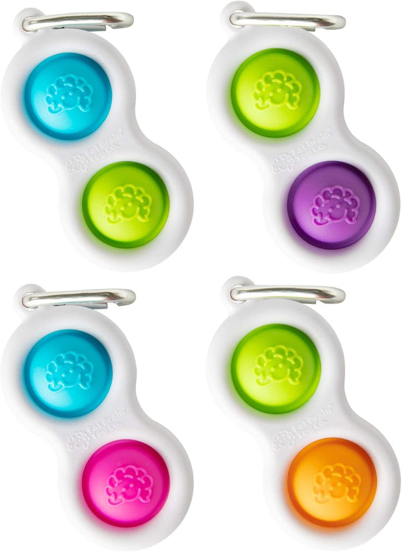 Simpl dimpl transparent keychain features four colorful buttons in blue, green, purple, and orange. The buttons are designed for tactile play, providing sensory stimulation and relaxation. The keychain is compact and can easily attach to bags or keyrings.