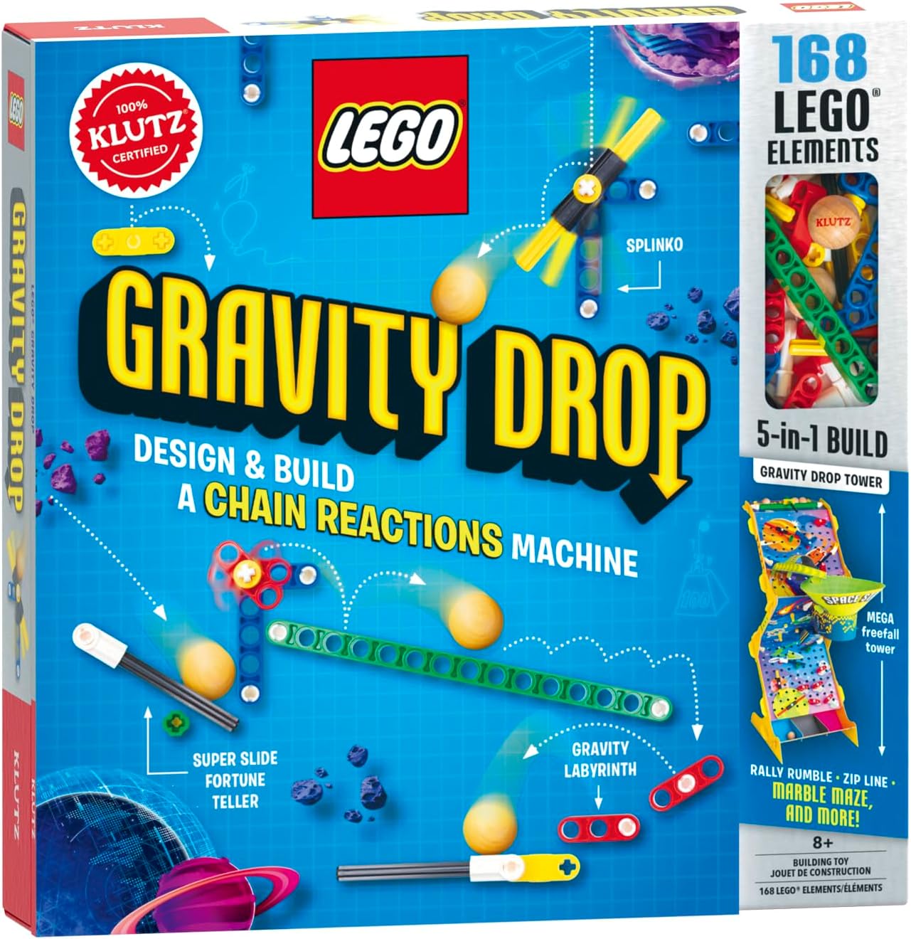 The Lego Gravity Drop kit by Klutz features a colorful box showcasing a DIY chain reaction machine. The design includes elements like a Super Slide fortune teller, Gravity Labyrinth, and a visual demonstration of a marble maze. With 168 LEGO elements included, this 5-in-1 build kit invites creativity and engineering fun for ages 8 and up.