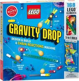 The Lego Gravity Drop kit by Klutz features a colorful box showcasing a DIY chain reaction machine. The design includes elements like a Super Slide fortune teller, Gravity Labyrinth, and a visual demonstration of a marble maze. With 168 LEGO elements included, this 5-in-1 build kit invites creativity and engineering fun for ages 8 and up.
