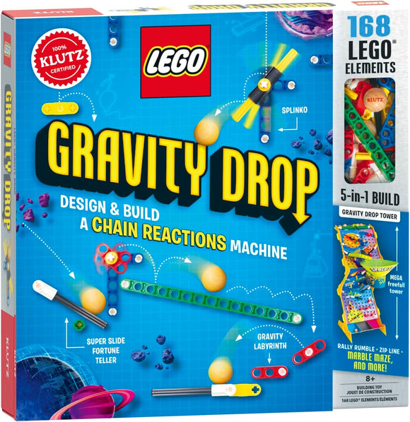 The Lego Gravity Drop kit by Klutz features a colorful box showcasing a DIY chain reaction machine. The design includes elements like a Super Slide fortune teller, Gravity Labyrinth, and a visual demonstration of a marble maze. With 168 LEGO elements included, this 5-in-1 build kit invites creativity and engineering fun for ages 8 and up.