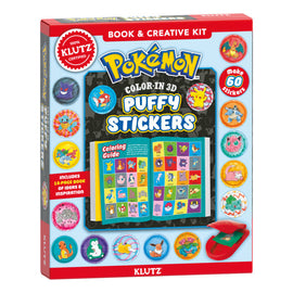 Klutz Pokémon Color in 3D Puffy Stickers DIY kit featuring a colorful box. The kit includes a 16-page coloring guide showcasing various Pokémon characters. There are examples of finished puffy stickers displayed around the box. This creative kit allows users to make 60 unique stickers, perfect for Pokémon fans and craft enthusiasts.