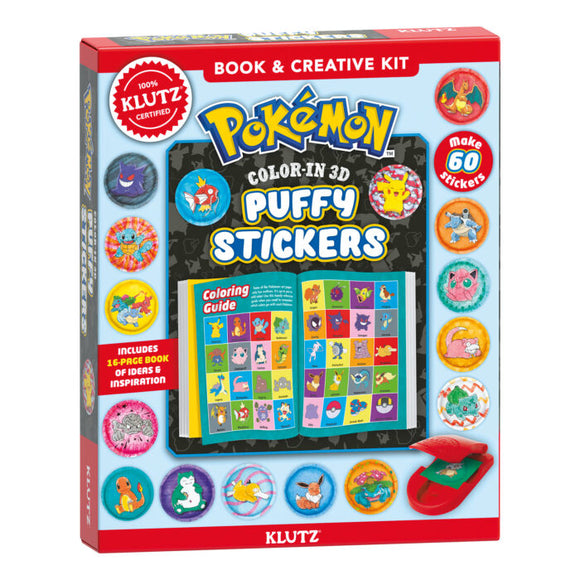 Klutz Pokémon Color in 3D Puffy Stickers DIY kit featuring a colorful box. The kit includes a 16-page coloring guide showcasing various Pokémon characters. There are examples of finished puffy stickers displayed around the box. This creative kit allows users to make 60 unique stickers, perfect for Pokémon fans and craft enthusiasts.
