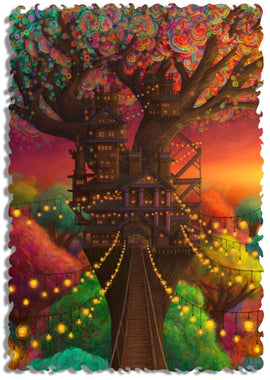 A vibrant and colorful jigsaw puzzle depicting a whimsical treehouse in a magical forest setting. The treehouse is adorned with twinkling lights and surrounded by vivid foliage and fantastical trees, creating a dreamy atmosphere.