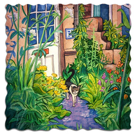 A colorful jigsaw puzzle titled 'Cat In Garden' by Samuel Haywar, featuring a friendly cat walking through a lush garden pathway filled with vibrant flowers and greenery, set against a charming house background.