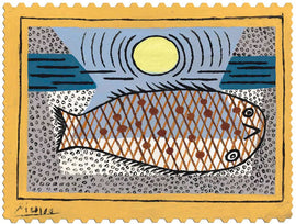 A jigsaw puzzle featuring a colorful artwork inspired by Picasso, depicting a large fish against a background of a sun and abstract waves. The piece incorporates various shades of blue, gray, and earthy tones, framed by a yellow border resembling a postage stamp.