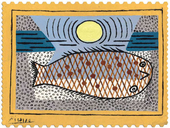 A jigsaw puzzle featuring a colorful artwork inspired by Picasso, depicting a large fish against a background of a sun and abstract waves. The piece incorporates various shades of blue, gray, and earthy tones, framed by a yellow border resembling a postage stamp.