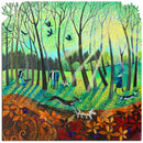 A vibrant jigsaw puzzle titled 'Morning Rays' by Lisa Graa Jens, designed by Artifact Wooden Puzzles. The illustration features a serene forest scene with two people walking dogs under sunlight filtering through trees, surrounded by colorful autumn leaves and birds in a bright blue sky.