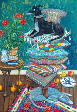 A colorful jigsaw puzzle featuring a whimsical scene of a black dog comfortably resting on a stack of vibrant, patterned cushions. The background is adorned with textured green hues, and a plant with red flowers is placed beside a small table holding books and a decorative vase. The floor is covered with a richly designed rug, with pieces of fruit scattered nearby, creating a warm and inviting atmosphere.