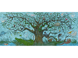 A vibrant jigsaw puzzle depicting The Louisiana Tree of Life, showcasing a colorful tree with various animals like birds, a crocodile, and a raccoon amidst lush greenery, set against a soft blue background. The intricate design captures the essence of Louisiana biodiversity in a fun and engaging way.
