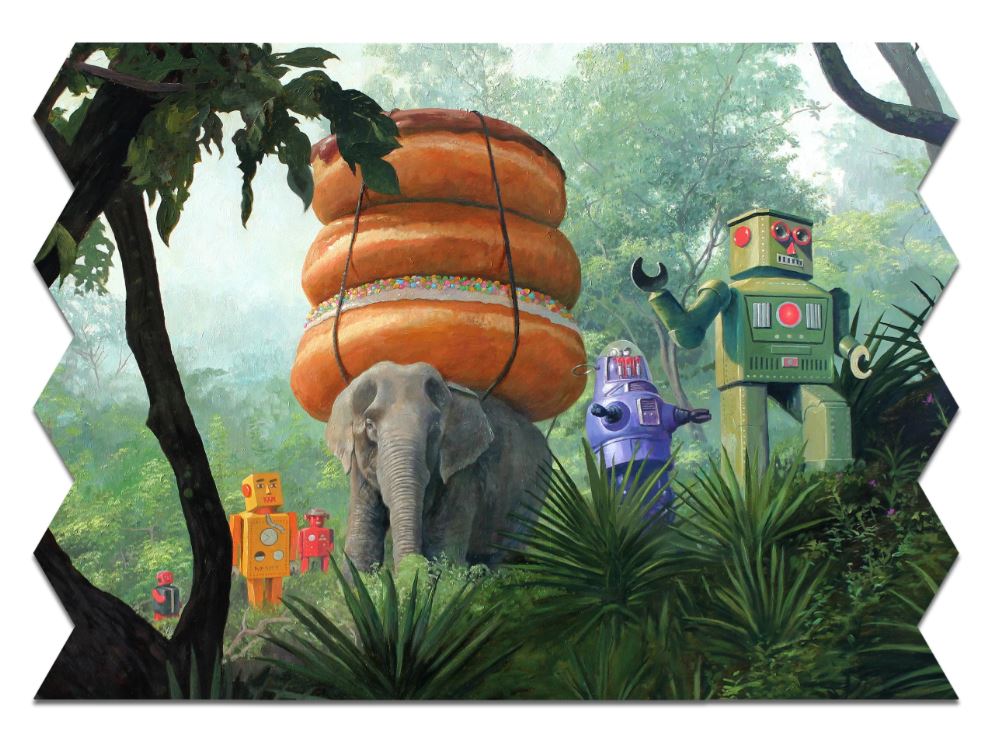 A vibrant jigsaw puzzle depicting a whimsical scene featuring an elephant carrying oversized donuts, surrounded by colorful robots in a lush, green jungle. The artwork is designed by Eric Joyner and showcases a playful contrast between nature and fantastical elements.