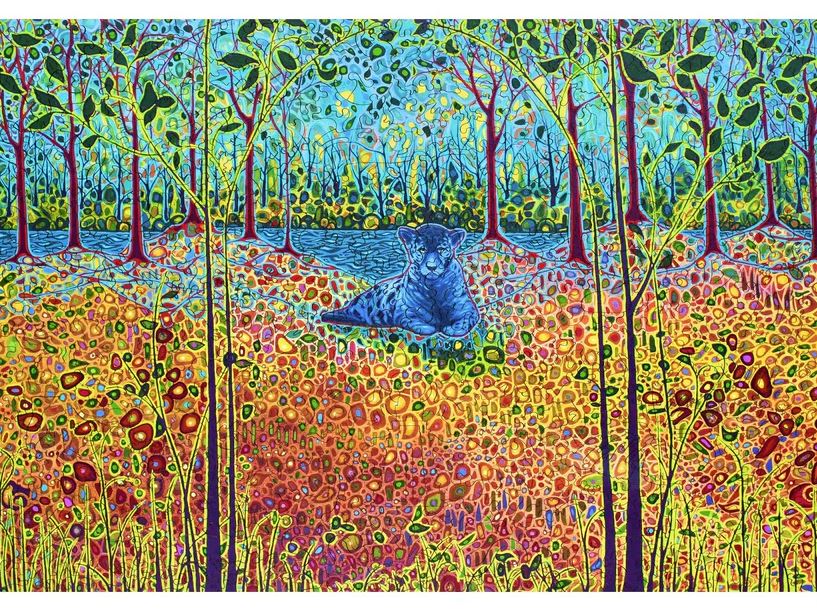 Colorful jigsaw puzzle featuring a stylized depiction of a tranquil forest scene with a leopard lounging on vibrant foliage, surrounded by trees and a river. The artwork is intricate, combining rich colors and abstract patterns, ideal for puzzle enthusiasts who love nature and artistic designs.