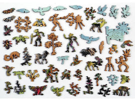 A vibrant assortment of wooden jigsaw puzzle pieces featuring intricate designs and colorful patterns. The pieces include various shapes such as animals, leaves, and abstract figures, showcasing a combination of natural themes and artistic flair. Ideal for puzzle enthusiasts wanting a creative challenge.