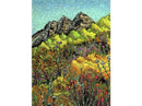 The Maroon Bells jigsaw puzzle by Liberty Puzzles features a detailed illustration of vibrant wildflowers in a variety of colors, set against a backdrop of the iconic Maroon Bells mountain peaks under a clear blue sky. The intricate design showcases diverse flora, with shades of green, yellow, purple, and orange, inviting puzzle enthusiasts to immerse themselves in this scenic outdoor representation.