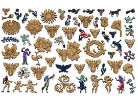 Colorful jigsaw puzzle pieces from the 'Abundance' puzzle by Liberty Puzzles. The design features intricate shapes including flowers, insects, and playful figures, showcasing a vibrant assembly of whimsical elements that promise an engaging puzzle experience.