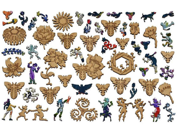 Colorful jigsaw puzzle pieces from the 'Abundance' puzzle by Liberty Puzzles. The design features intricate shapes including flowers, insects, and playful figures, showcasing a vibrant assembly of whimsical elements that promise an engaging puzzle experience.