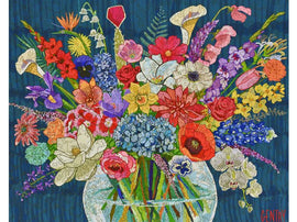 Beautiful jigsaw puzzle titled 'Abundance' featuring a vibrant bouquet of flowers in a vase. The design showcases a variety of colorful flowers against a dark blue background, intricately detailed to engage puzzle enthusiasts. Perfect for floral lovers and puzzle collectors alike.