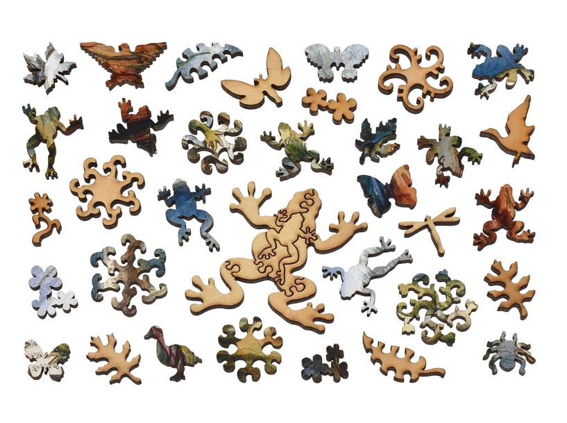 A colorful collection of uniquely shaped jigsaw pieces from the Frog Concert puzzle by Liberty Puzzles. The pieces feature various designs including frogs, birds, and whimsical floral shapes, all crafted from high-quality materials.