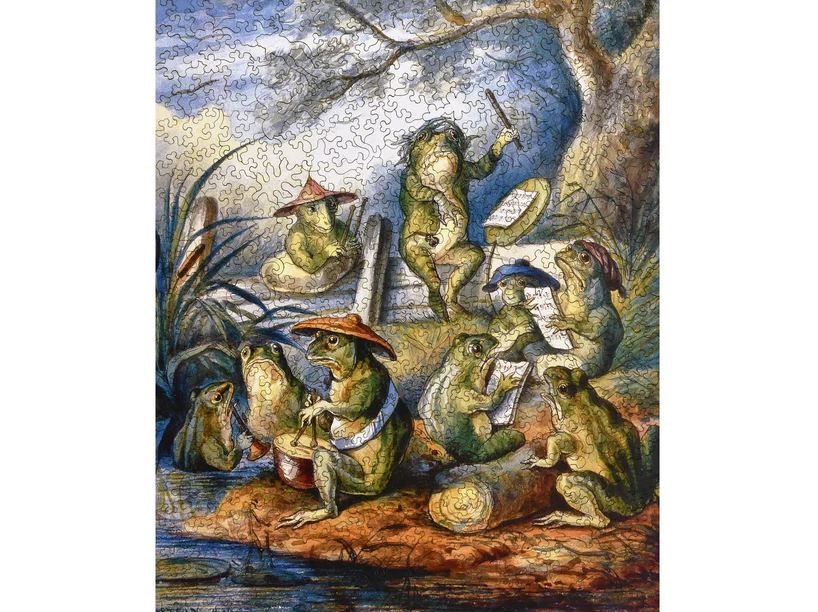 A colorful jigsaw puzzle titled 'Frog Concert' featuring frogs playing musical instruments in a whimsical outdoor setting. The frogs are depicted wearing various hats, engaging in a lively performance by the water's edge, surrounded by lush greenery and a serene sky.