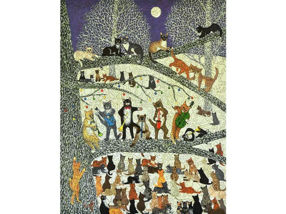 A whimsical jigsaw puzzle titled 'A Resounding Success' by Liberty Puzzles. The vibrant illustration features a lively gathering of various cats playing instruments and enjoying a festive atmosphere among trees under a moonlit sky.