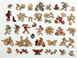 Detailed image of the Cycles Perfecta jigsaw puzzle by Liberty Puzzles, featuring an array of intricately designed interlocking wooden pieces. The pieces depict various dynamic figures and forms related to cycling and play, showcasing a vibrant mix of colors and designs suitable for puzzle enthusiasts and collectors.