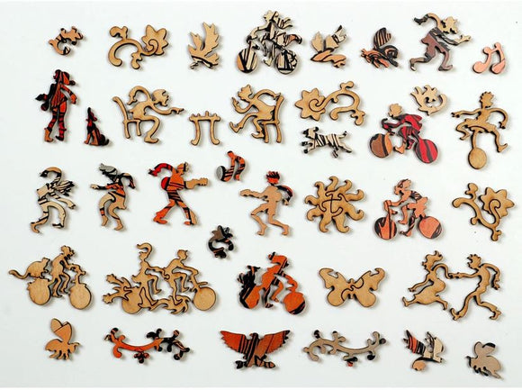 Detailed image of the Cycles Perfecta jigsaw puzzle by Liberty Puzzles, featuring an array of intricately designed interlocking wooden pieces. The pieces depict various dynamic figures and forms related to cycling and play, showcasing a vibrant mix of colors and designs suitable for puzzle enthusiasts and collectors.