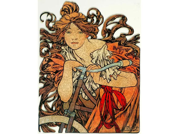 Cycles Perfecta jigsaw puzzle by Liberty Puzzles featuring a vintage-inspired illustration of a woman on a bicycle, surrounded by flowing hair and intricate details, perfect for puzzle enthusiasts and art lovers alike.