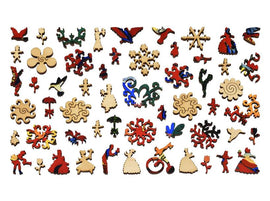 A vibrant assortment of jigsaw puzzle pieces inspired by Henri Matisse's Red Room, featuring whimsical shapes and a variety of colors including red, blue, and green. Each piece showcases intricate designs, enhancing the engaging nature of this puzzle.