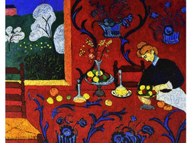 A colorful jigsaw puzzle featuring Henri Matisse's 'Red Room' artwork. The scene depicts a dining table beautifully set with fruit and flowers against a vibrant red background, showcasing a woman arranging the table. The intricate puzzle pieces and vivid colors create an engaging and artistic puzzle experience.