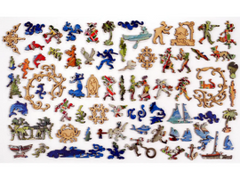 A vibrant and intricate wooden jigsaw puzzle titled 'Portofino, Italy' by Liberty Puzzles. The image features a variety of uniquely shaped puzzle pieces showcasing colorful designs of local scenes, characters, and iconic maritime elements, all set against a light background. The pieces reflect the charm of Portofino, with detailed illustrations representing the coastal village's culture and beauty.