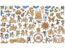 A colorful and intricate jigsaw puzzle by Liberty Puzzles titled 'Barcelona'. The image features a variety of shaped pieces including people, animals, and iconic landmarks, showcasing a vibrant representation of Barcelona's culture.