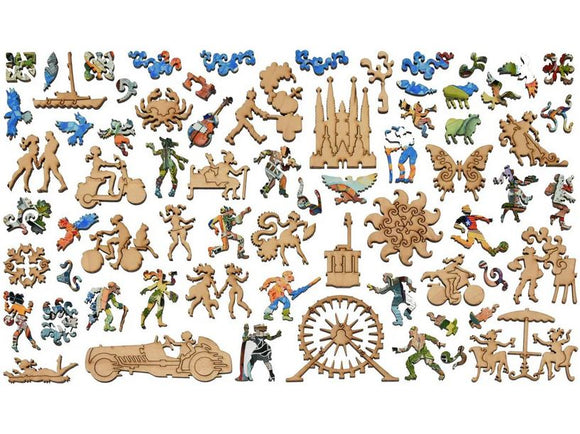 A colorful and intricate jigsaw puzzle by Liberty Puzzles titled 'Barcelona'. The image features a variety of shaped pieces including people, animals, and iconic landmarks, showcasing a vibrant representation of Barcelona's culture.