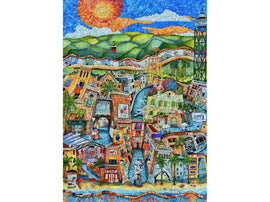 Intricate jigsaw puzzle depicting a vibrant cityscape of Barcelona, featuring colorful buildings, scenic landscapes, and a bright sun in the background. A lively street scene is illustrated with palm trees and artistic details, inviting puzzle enthusiasts to explore the beauty of this famous city.