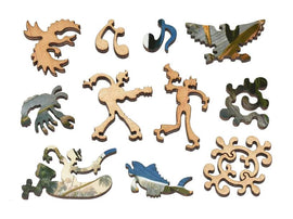 A vibrant assortment of intricate wooden jigsaw puzzle pieces from the Louisiana Heron puzzle by Liberty Puzzles. The colorful pieces showcase playful designs, including birds, figures, and abstract shapes, crafted with a blend of natural wood and artistic imagery for a unique puzzling experience.