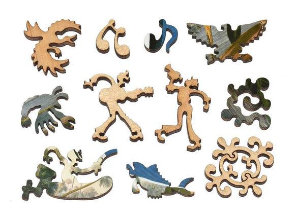 A vibrant assortment of intricate wooden jigsaw puzzle pieces from the Louisiana Heron puzzle by Liberty Puzzles. The colorful pieces showcase playful designs, including birds, figures, and abstract shapes, crafted with a blend of natural wood and artistic imagery for a unique puzzling experience.
