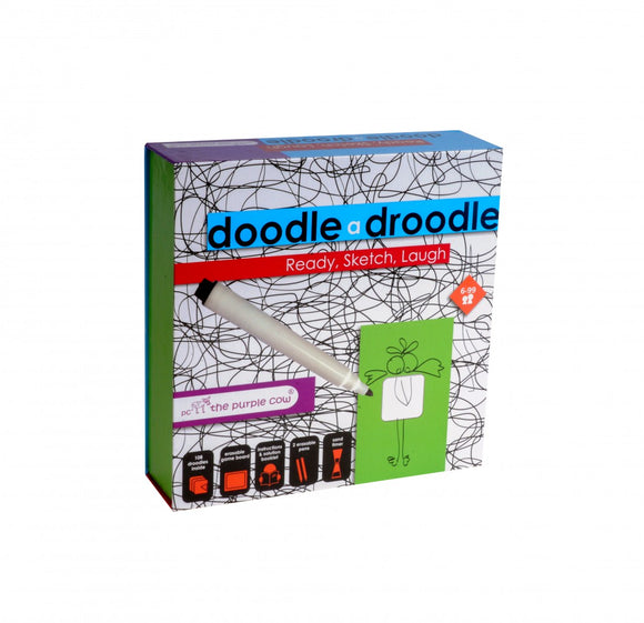 Doodle a Droodle game box by Purple Cow featuring a colorful design with playful doodles. Includes a marker and is intended for ages 6 to 99. Perfect for family fun and creativity.